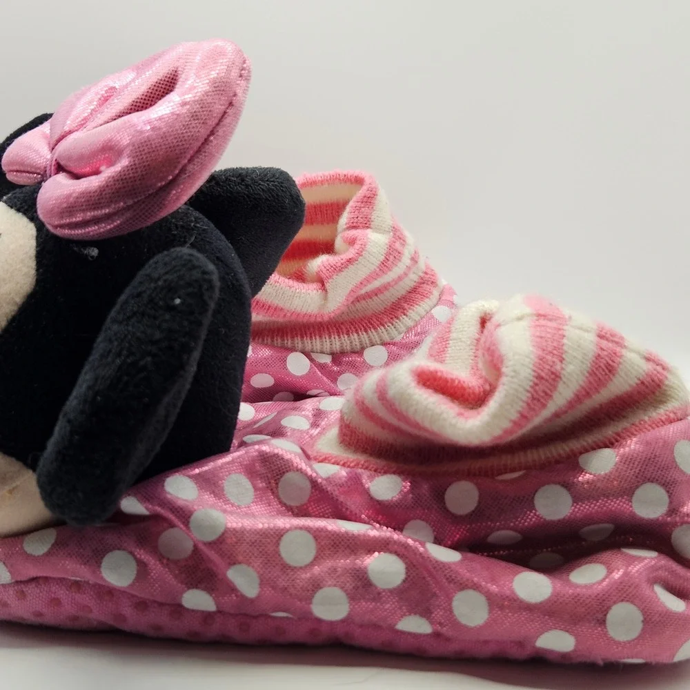 Kids Minnie Mouse Slippers sock top‎ Pink White Polka Dot Bow Plush Cozy Sz 9/10